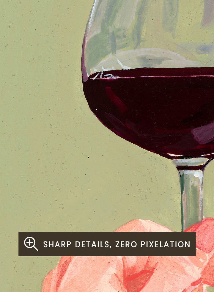 Shop Relaxing Wine Moment by Sophia Novosel, a modern wall art print poster featuring a hand holding red wine in a soft green interior with warm tones.