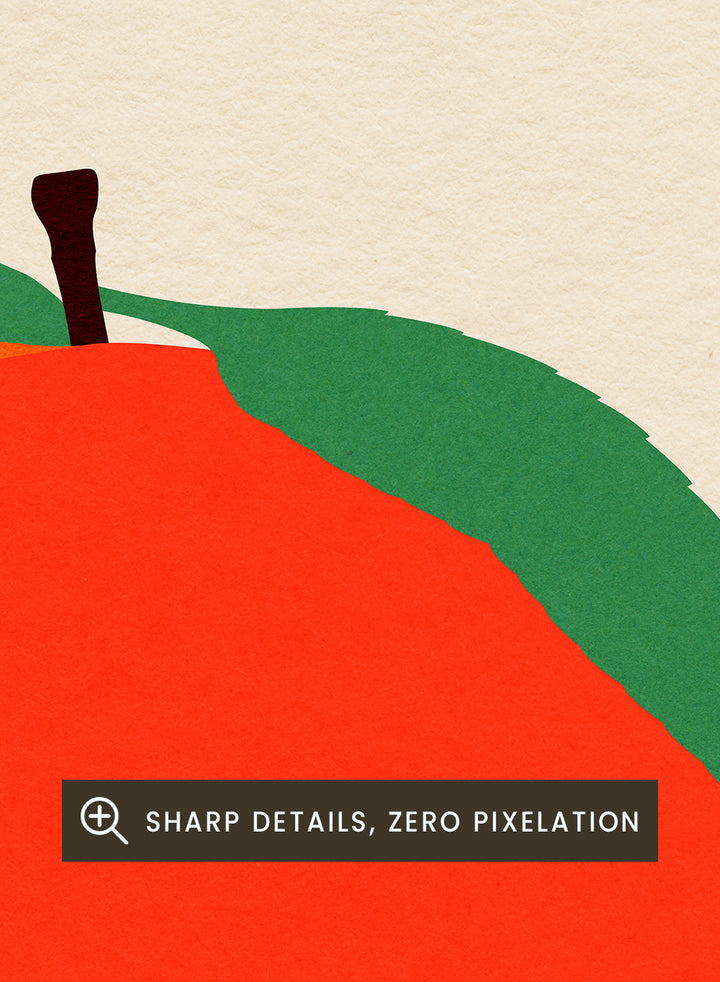 Illustration of a peach with green leaves on a beige background. Peach by Rosi Feist is a modern minimalist fruit art print with bold color and Bauhaus-inspired graphic design. Officially licensed fine art poster with framing.