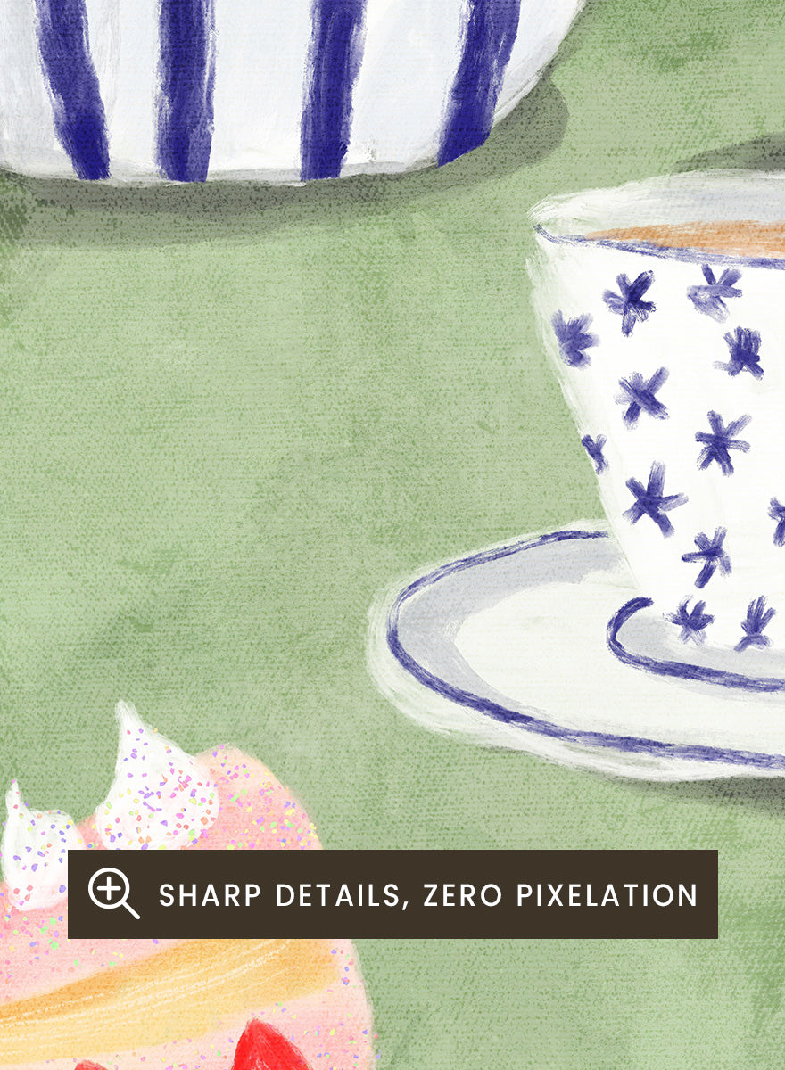 A whimsical watercolor-style illustration of a tea-time scene with a blue-and-white striped teapot, a blue-and-white patterned teacup and saucer, a slice of strawberry cake on a plate, a small gold fork, and a pink background with a vase holding a flower. Shop Strawberry Tea Time by Dirkie Nell, a colorful still life art print featuring strawberry cake, tea, a striped teapot, pink flowers, and retro pastel tones.