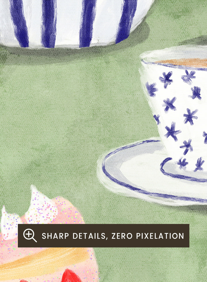 A whimsical watercolor-style illustration of a tea-time scene with a blue-and-white striped teapot, a blue-and-white patterned teacup and saucer, a slice of strawberry cake on a plate, a small gold fork, and a pink background with a vase holding a flower. Shop Strawberry Tea Time by Dirkie Nell, a colorful still life art print featuring strawberry cake, tea, a striped teapot, pink flowers, and retro pastel tones.