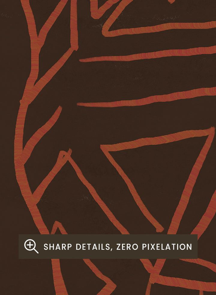 A minimalist art print featuring a stylized horse silhouette outlined in terracotta red on a dark brown background. Horse Line Art by The Art Concept animal art print featuring a stylized horse, geometric linework, warm rust tones, and a deep brown background.