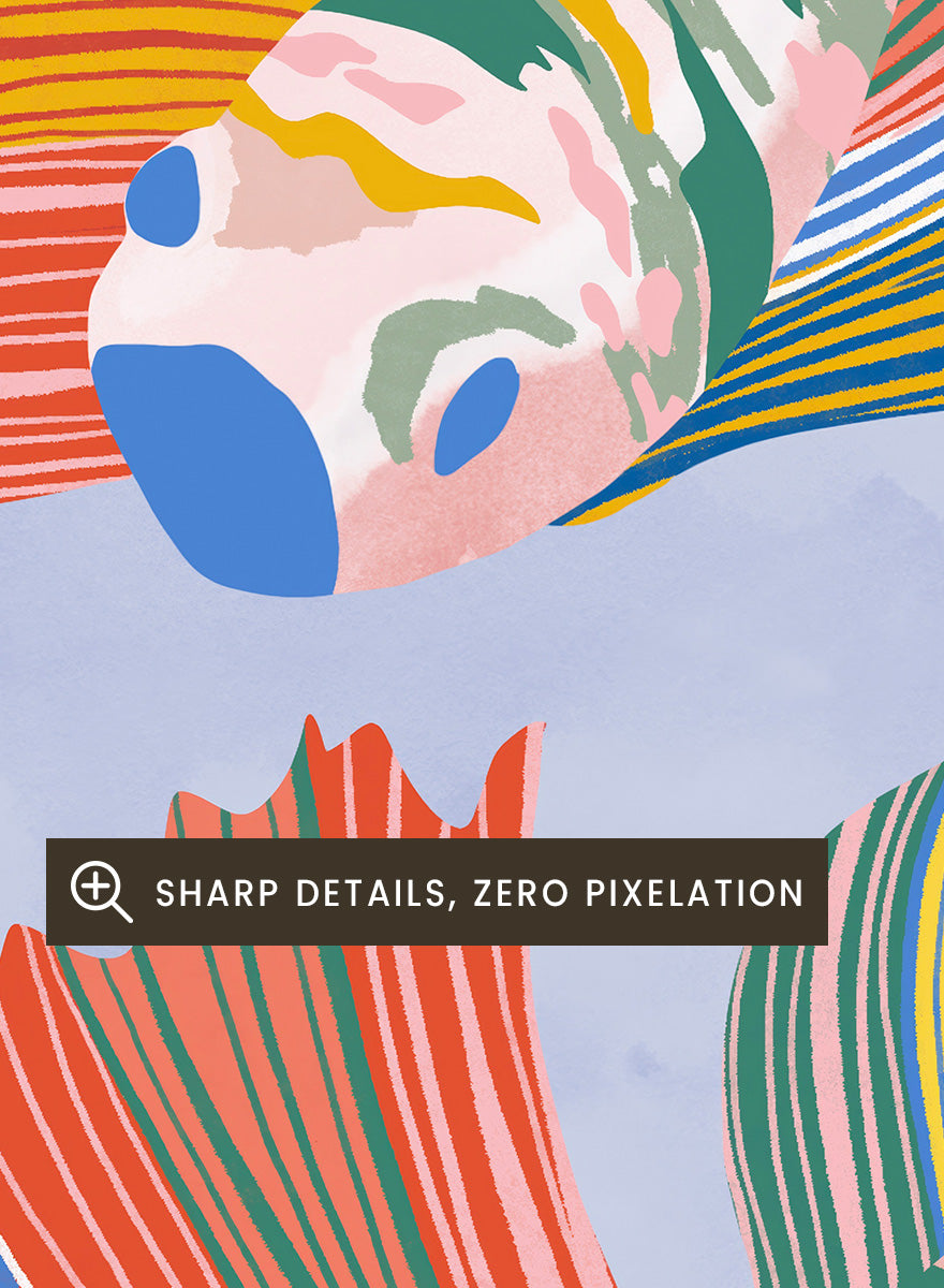 A framed art print featuring a colorful pattern of stylized fish with flowing striped fins in orange, yellow, green, blue, and red on a light blue background. Vibrant Swirling Fish Pattern by Ceyda Alasar art print featuring colorful flowing fish, striped fins, and playful aquatic movement on a soft blue background.