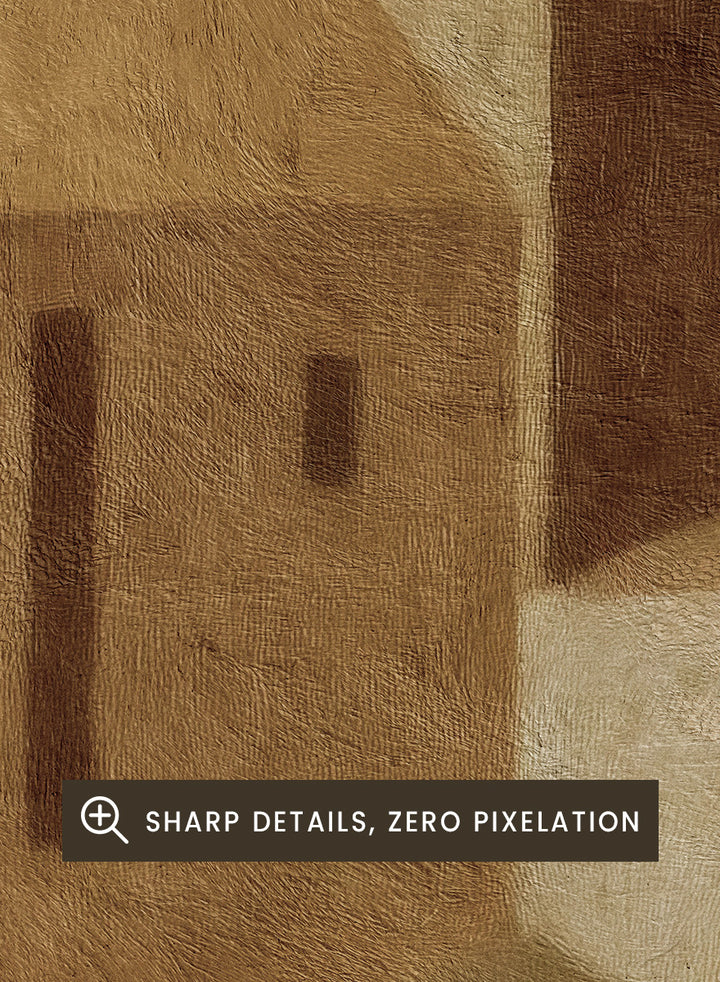 An abstract cubist-style landscape painting featuring geometric houses, trees, and hills in muted beige, brown, tan, and olive tones. Shop Cottage by Dan Hobday, a contemporary landscape painting art print featuring abstract village cottages, tall trees, layered hills, and warm earthy tones.