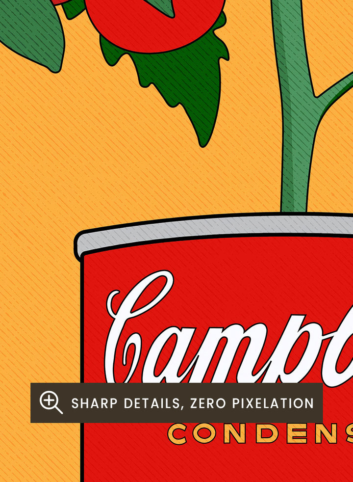 A stylized pop-art illustration of a tomato plant growing out of a Campbell&