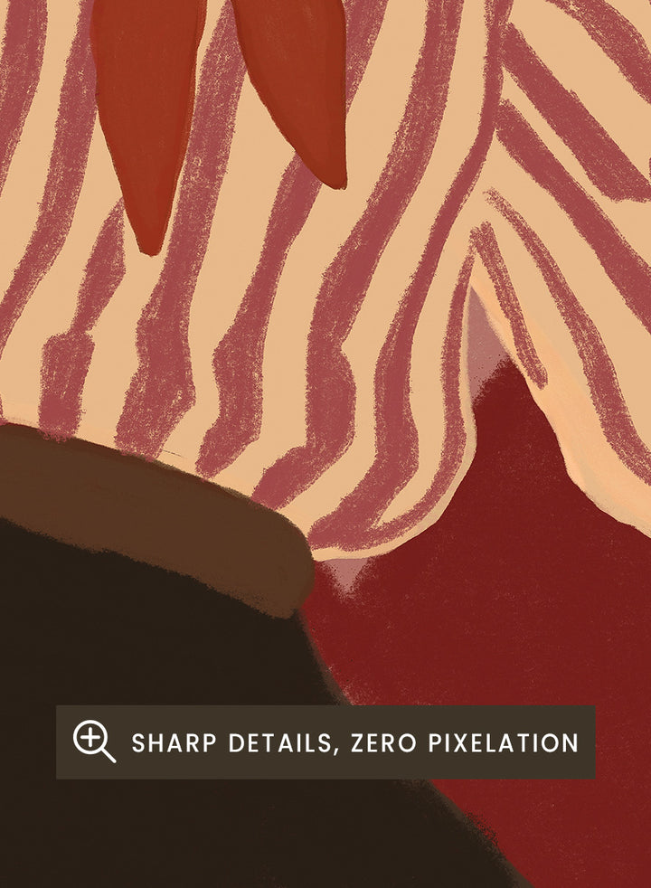 A stylized illustration of a person in a cowboy hat, striped shirt, and dark pants dancing against a red and pink diamond-patterned background. Retro Dance Character by The Art Concept art print with a dancing figure, striped shirt, red scarf, harlequin background, and retro color palette.