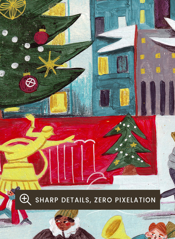 Shop Ice Skating at Rockefeller Center Christmas, a festive Christmas wall art print poster with skaters, city lights, and a New York holiday scene.