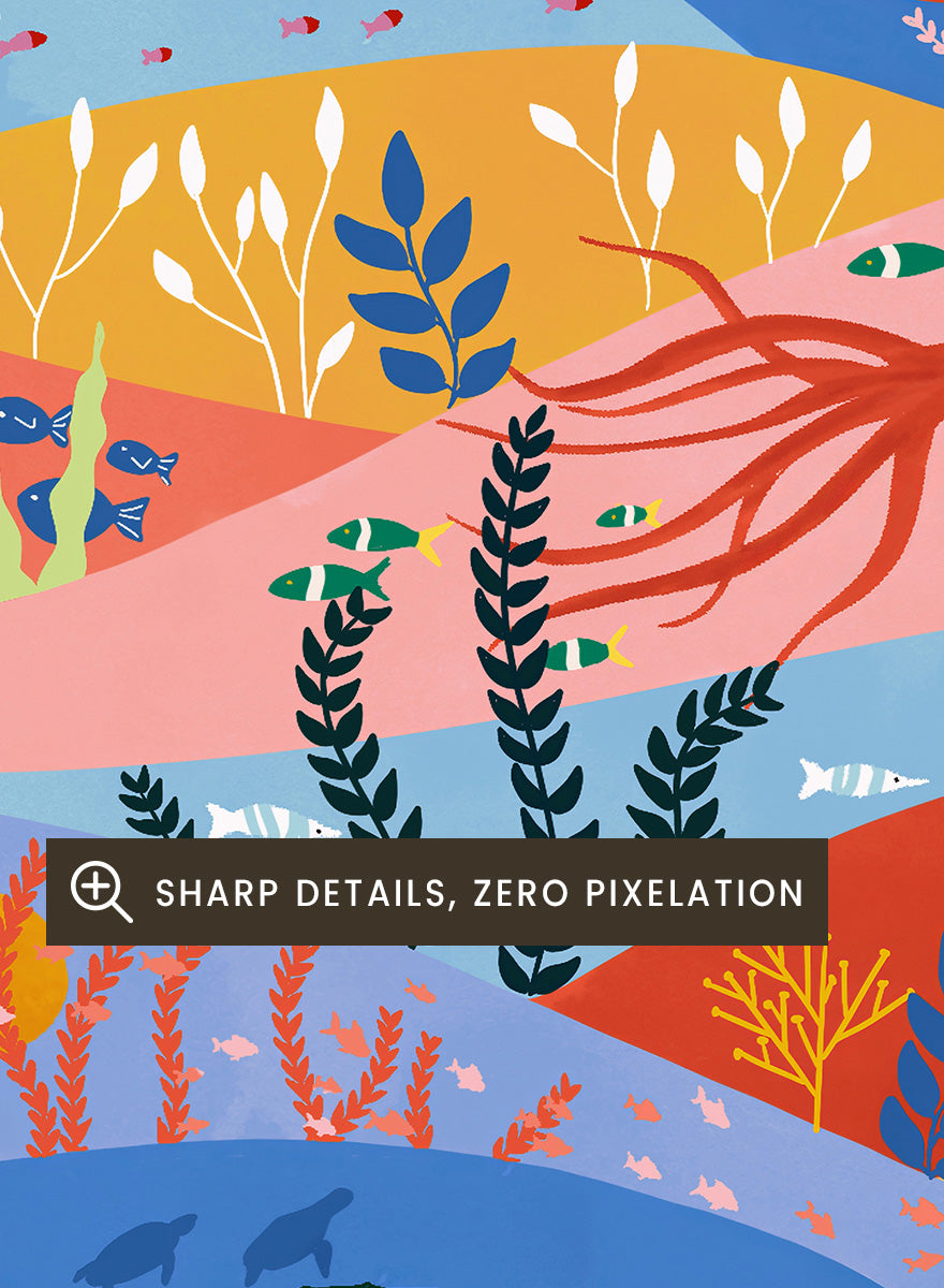 A colorful illustrated art print featuring stylized mountains, sea life, and coastal scenery in layered wavy bands of blue, pink, orange, yellow, and green. Vibrant Ocean Life by Ceyda Alasar ocean art print featuring whales, sharks, rays, turtles, coral reefs, sea plants, and colorful marine life.