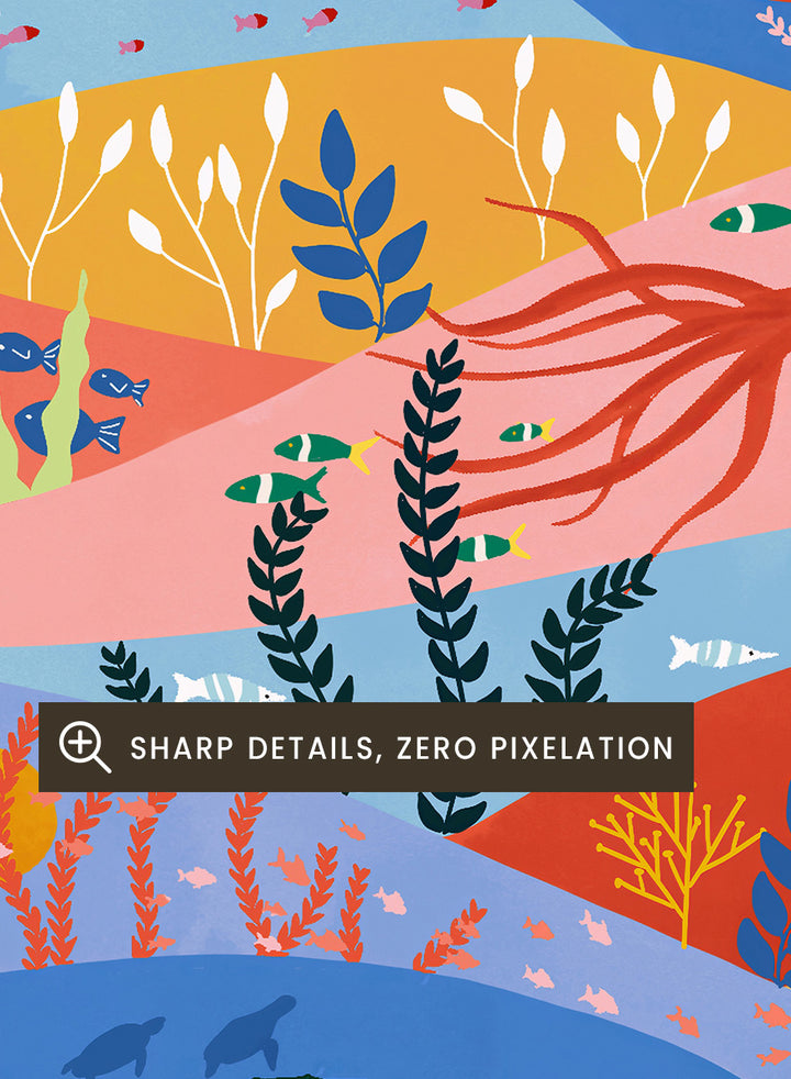 A colorful illustrated art print featuring stylized mountains, sea life, and coastal scenery in layered wavy bands of blue, pink, orange, yellow, and green. Vibrant Ocean Life by Ceyda Alasar ocean art print featuring whales, sharks, rays, turtles, coral reefs, sea plants, and colorful marine life.