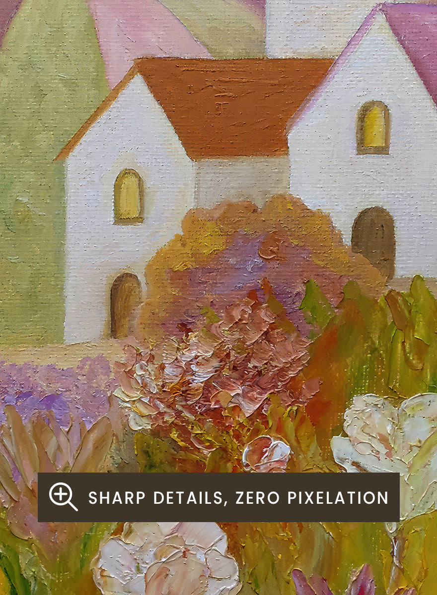 A colorful landscape painting featuring rolling hills, stylized houses, cypress trees, and wildflowers in the foreground, rendered in a painterly impressionistic style. Shop Colorful Countryside Village by Angeles M. Pomata, an autumn landscape art print featuring white houses, rolling hills, wildflowers, and warm earthy tones.