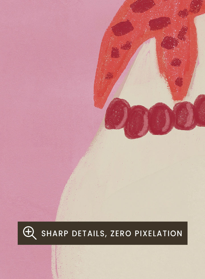 A stylized illustration of a white goose wearing a red patterned headscarf, blue sunglasses, a red beaded necklace, and red checkered boots, set against a solid pink background. Chic Goose Fashion by The Art Concept playful animal art print featuring a goose in sunglasses, a red headscarf, necklace, and bold red boots.