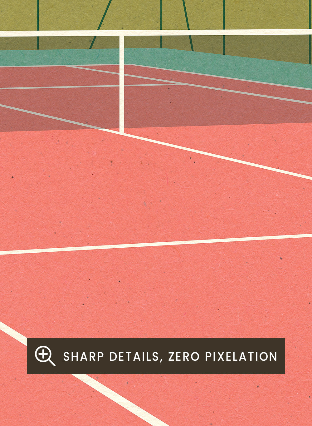 Illustration of a tennis court with a ball on the ground and mountains in the background. Tennis Court in the Desert by Rosi Feist is a modern minimalist fine art print of a pink tennis court in a surreal desert landscape. Officially licensed wall poster with optional artisan framing.