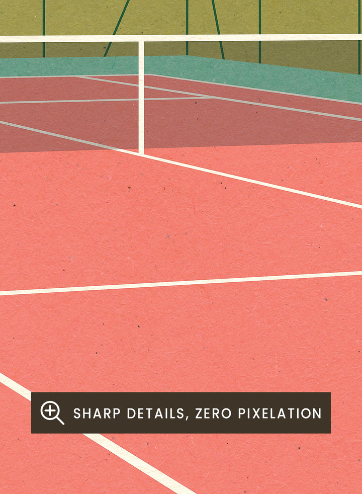 Illustration of a tennis court with a ball on the ground and mountains in the background. Tennis Court in the Desert by Rosi Feist is a modern minimalist fine art print of a pink tennis court in a surreal desert landscape. Officially licensed wall poster with optional artisan framing.