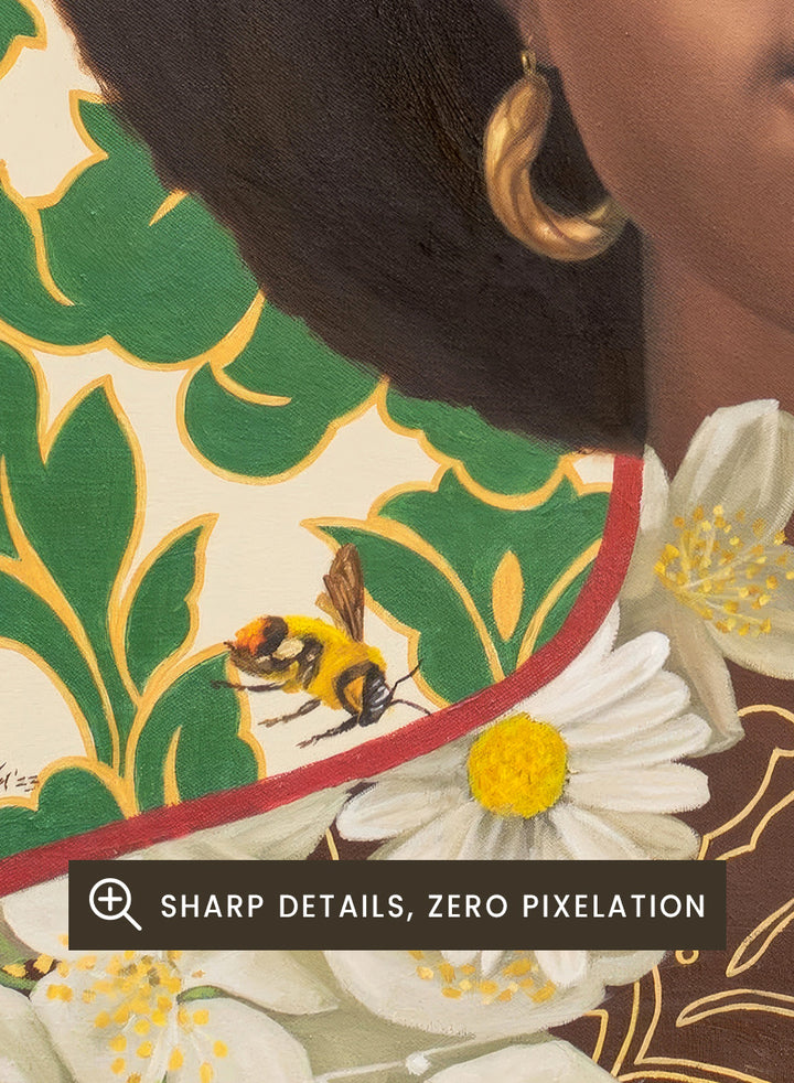 A stylized portrait artwork of a Black woman with an afro hairstyle, wearing gold hoop earrings and a brown top covered in white daisy flowers, set against a green and cream damask patterned background with small bees visible. Shop Afro Floral Portrait by Damilare Jamiu, a contemporary portrait wall art print featuring a woman with afro hair, floral details, bees, and rich green tones.