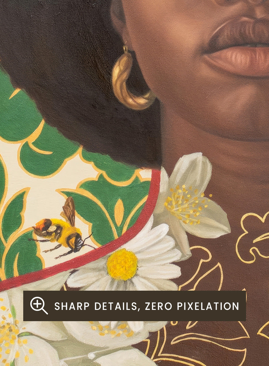 A stylized portrait artwork of a Black woman with an afro hairstyle, wearing gold hoop earrings and a brown top covered in white daisy flowers, set against a green and cream damask patterned background with small bees visible. Shop Afro Floral Portrait by Damilare Jamiu, a contemporary portrait wall art print featuring a woman with afro hair, floral details, bees, and rich green tones.