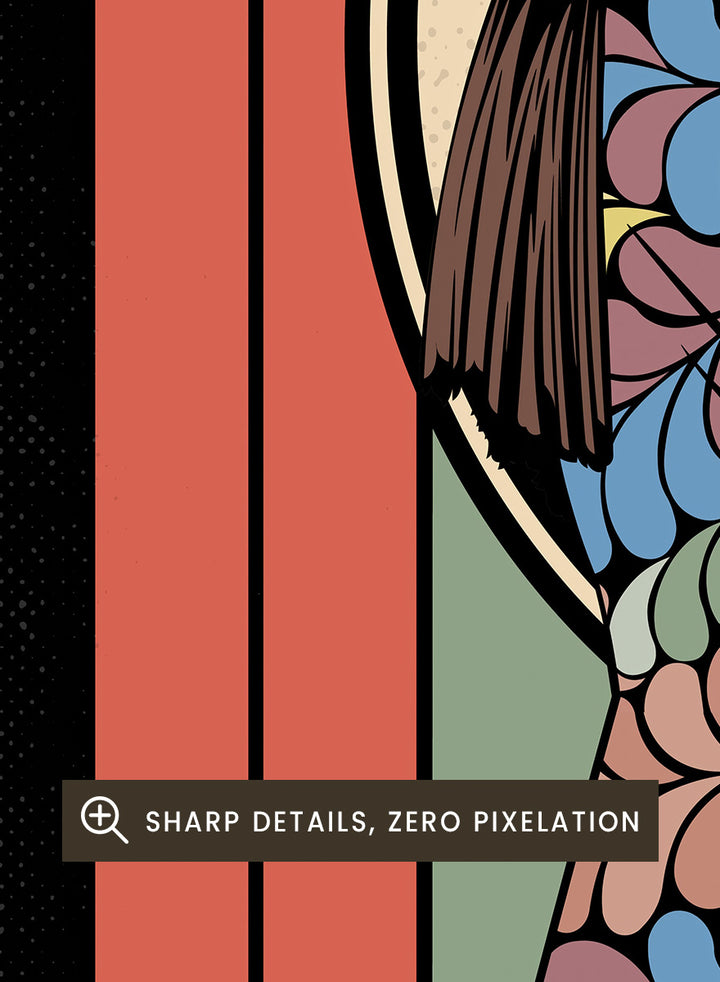 A retro-style concert poster for the 1967 European Tour featuring the band Monterey. The design has a black background with vertical multicolored stripes in orange, green, blue, and beige, surrounding an illustration of a woman in a green hat and patterned dress holding white flowers. Flower Child Festival by Retrodrome retro music art print inspired by the 1967 Monterey Pop Festival, with flower-child imagery and vintage concert poster style.