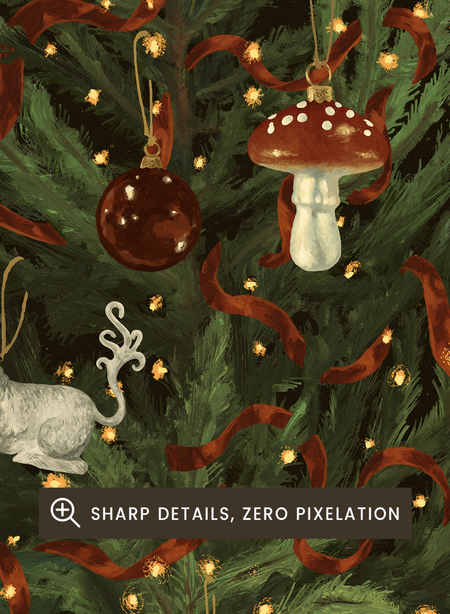 Shop Whimsical Christmas Tree by NKTN, a festive Christmas wall art print poster featuring woodland ornaments, red ribbon, stars, moons, and glowing lights.