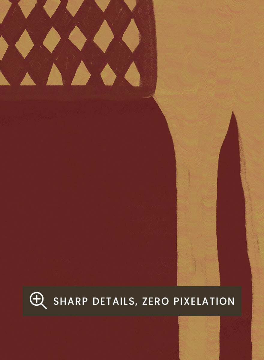 A stylized art print of a camel standing in profile, with a dark hat on its head and a patterned saddle blanket, set against a split beige and dark red background. Desert Horse with Sombrero by The Art Concept animal art print featuring a long-legged horse, patterned saddle blanket, black sombrero, and warm desert tones.