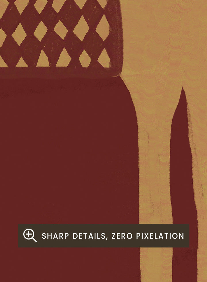 A stylized art print of a camel standing in profile, with a dark hat on its head and a patterned saddle blanket, set against a split beige and dark red background. Desert Horse with Sombrero by The Art Concept animal art print featuring a long-legged horse, patterned saddle blanket, black sombrero, and warm desert tones.