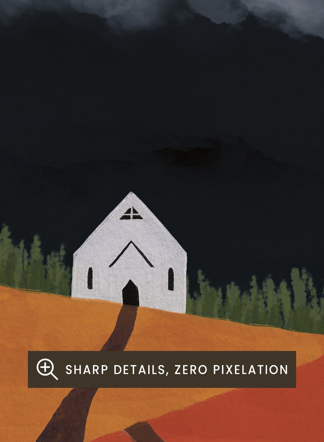 A stylized landscape artwork showing a white house on a hill, a dark winding path, orange and yellow fields, green grass, and a large white cloud against a very dark sky. Winding Path Church by Lisa Solomoniuk premium framed fine art print featuring a small white church beneath a dramatic cloud over red and ochre hills.