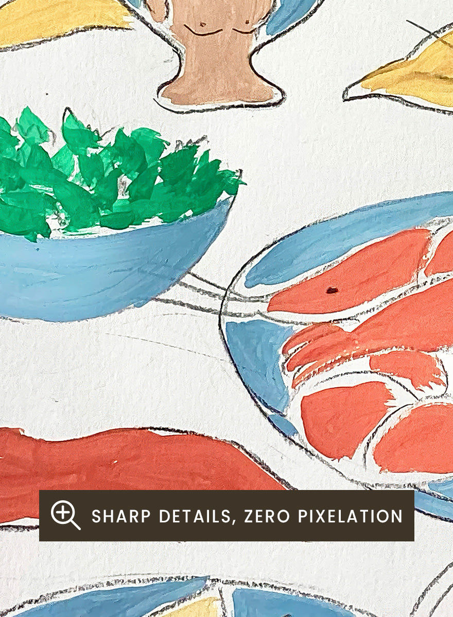 A framed still life art print featuring yellow tulips in a blue vase, bowls of oranges, red shrimp, green peppers, and yellow lemon wedges. Shop Fresh Flowers and Feast by Rushati Chowdhury, a colorful food and floral art print featuring shrimp, oranges, peppers, greens, lemon, and yellow flowers.