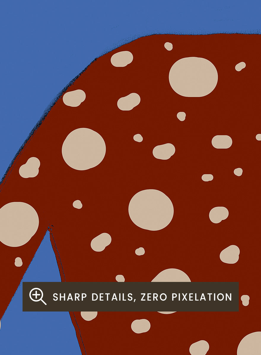Spotted Long Legged Horse by The Art Concept playful animal art print featuring an elongated spotted horse against a bold blue background.