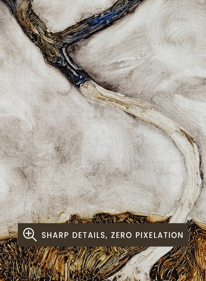 Shop Small Tree in Late Autumn by Egon Schiele, a vintage Expressionist wall art print poster featuring a bare autumn tree in soft cream tones.