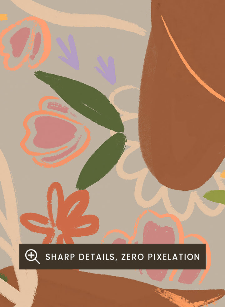 Illustration of a person with a flower on their head against a beige background. The Overthinker by Arty Guava is a modern woman illustration art print with soft florals and warm tones. Officially licensed wall poster with framing.