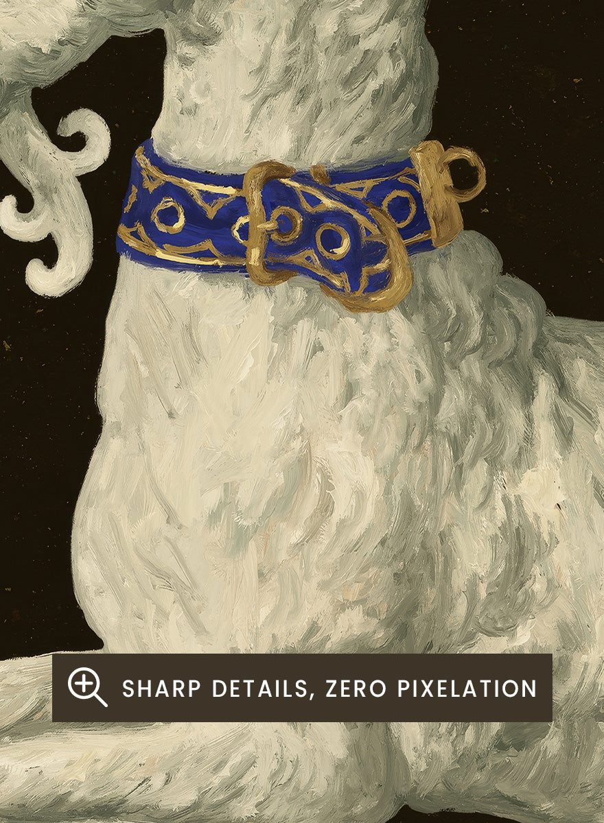 Shop Regal White Unicorn by NKTN, a whimsical unicorn wall art print poster featuring a white mythical figure, golden horn, ornate blue collar, and dark background.
