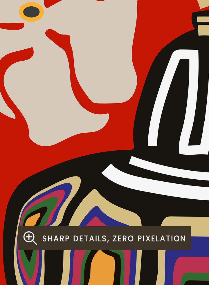 Decorative vase with colorful patterns on a red background. Ukiyo Vase Flower Rainbow Red by Frances Collett art print featuring a colorful patterned vase with cream flowers on a red background. Officially licensed wall poster with optional framing.