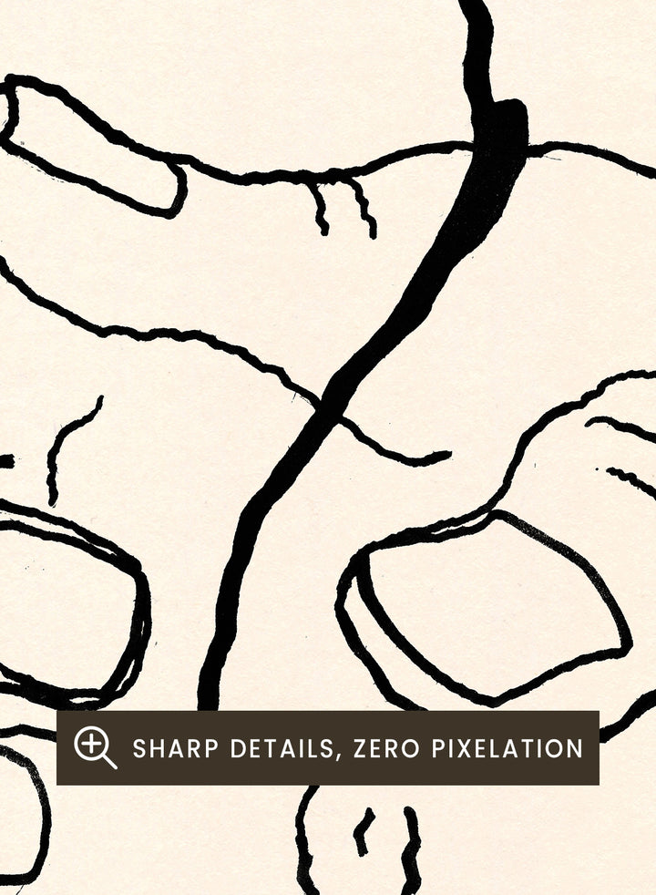 Black line drawing of a hand holding a flower on a beige background. Let It Grow by Eden Kalif is a modern line art print featuring a hand holding a flower with a human figure, designed as a minimalist contemporary wall poster.