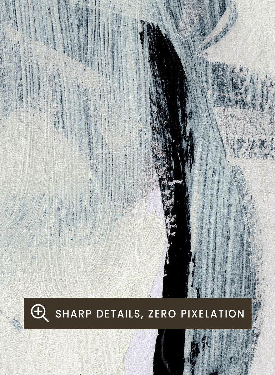 Shop Beyond by Dan Hobday, an abstract wall art print poster featuring layered blue-gray brushwork, black accents, and a minimalist modern composition.