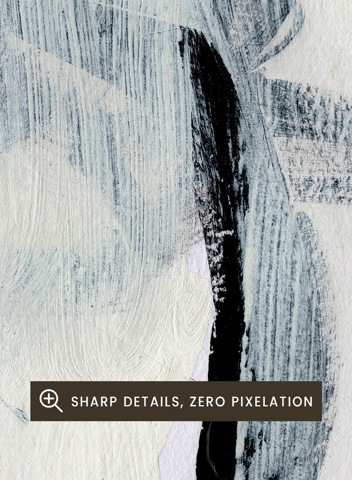 Shop Beyond by Dan Hobday, an abstract wall art print poster featuring layered blue-gray brushwork, black accents, and a minimalist modern composition.