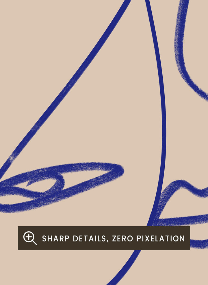 Abstract Blue Line Art print by Little Dean. Modern minimalist face illustration in bold blue linework, contemporary wall art poster.