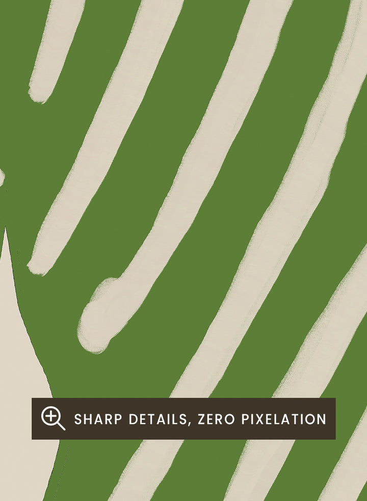 A stylized green cat illustration with vertical cream stripes and dotted details on a beige background. Playful Green Striped Cat by The Art Concept cat art print featuring an elongated green cat with cream stripes, long legs, and an oversized curved tail.