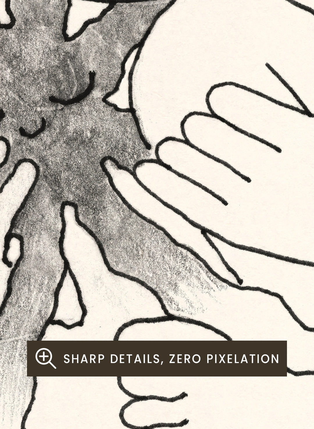 Black and white line art of a person embracing a sun figure on a beige background. Sunshine Love by Eden Kalif is a modern line art print featuring a figure holding a sun in a minimalist contemporary wall poster design.