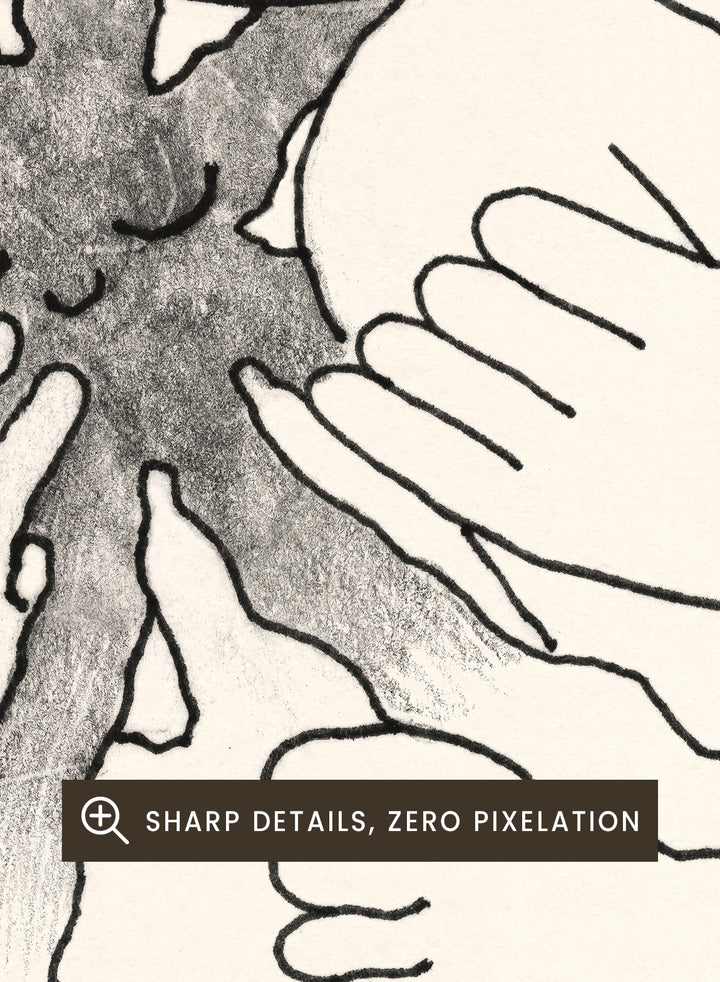 Black and white line art of a person embracing a sun figure on a beige background. Sunshine Love by Eden Kalif is a modern line art print featuring a figure holding a sun in a minimalist contemporary wall poster design.
