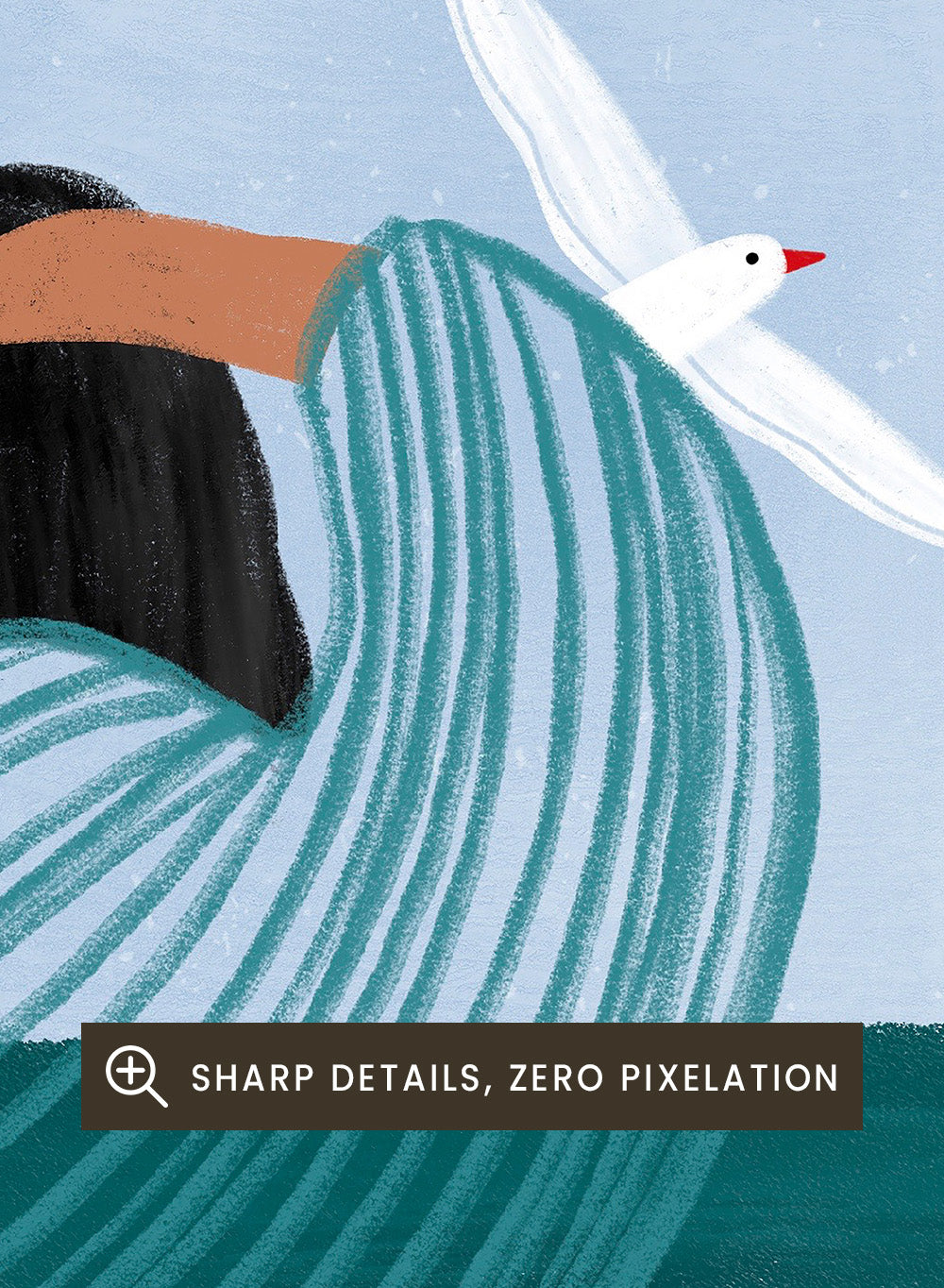 Seaside Serenity by Bea Müller is an officially licensed art print featuring a calm seaside figure and flying birds. Available as fine art print or framed with real wood frames.