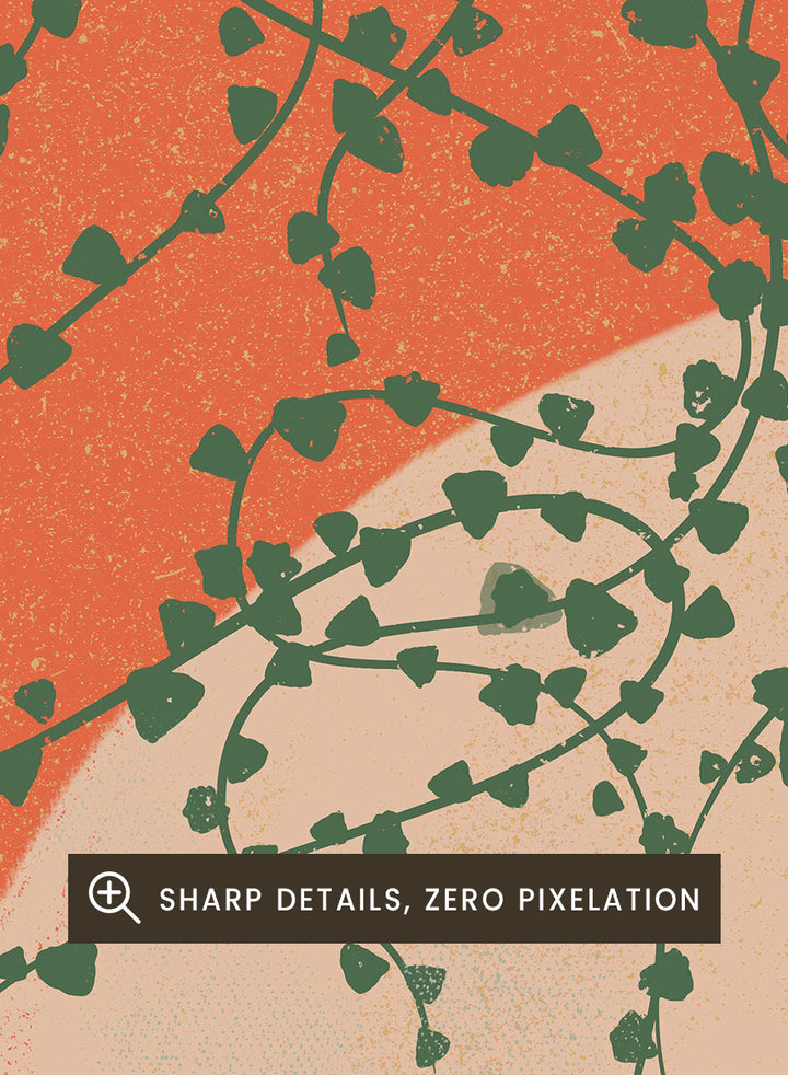 Shop Green Trailing Plant by Nikita Jariwala, a botanical wall art print poster featuring a trailing houseplant, cream vase, coral background, and bold green tones.