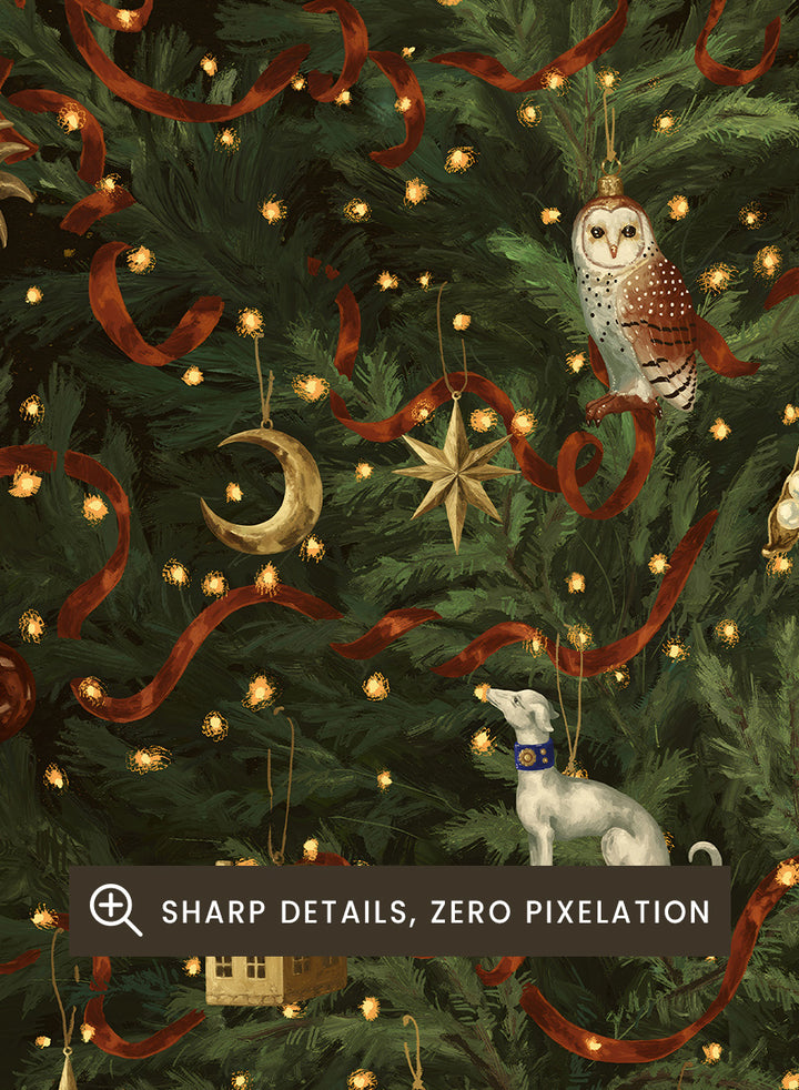 Shop Whimsical Christmas Tree by NKTN, a festive Christmas wall art print poster featuring a decorated tree, woodland ornaments, stars, ribbons, and glowing lights.