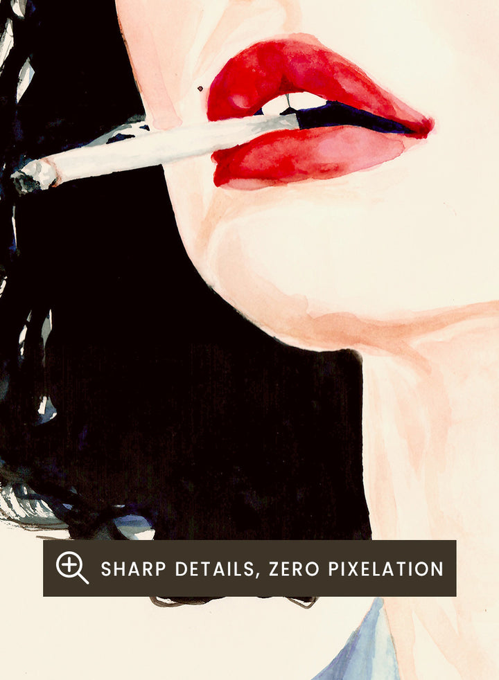 Shop Chic Woman with Cigarette by Sophia Novosel, a modern female portrait wall art print poster featuring dark hair, red lips, a blue shirt, and bold fashion styling.
