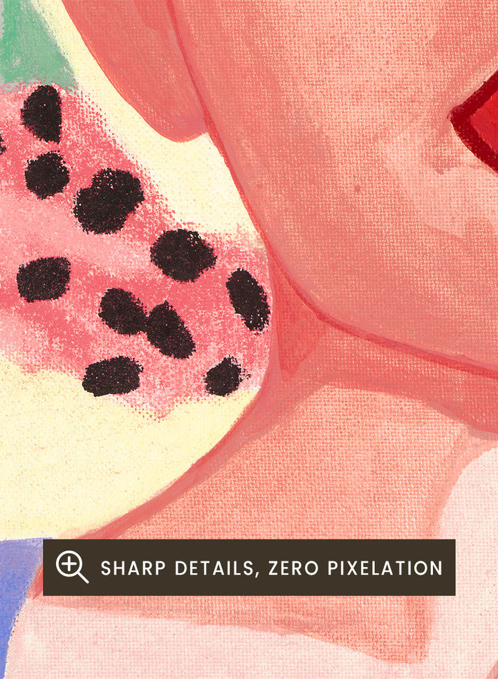 Shop Red Lips by Sophia Novosel, a modern woman portrait wall art print poster featuring bold red lips, closed eyes, soft pink tones, and a spotted earring.