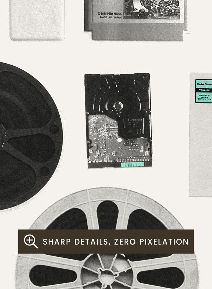 Collection of vintage audio and video equipment on a white background. Analog Digital Memories by Florent Bodart is a retro media art print featuring vinyl, cassette, and floppy disks, a modern wall poster exploring analog and digital design.