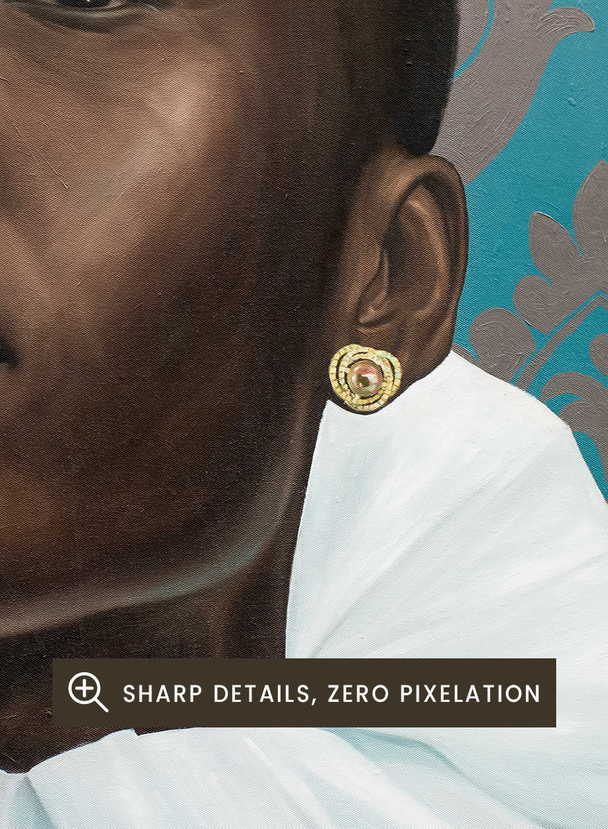 A portrait painting of a Black man with a shaved head, wearing a large white ruffled collar and light blue shirt, set against a teal and gold damask patterned background. Shop Regal Woman Ruff Collar by Damilare Jamiu, a contemporary portrait wall art print featuring a regal woman, dramatic white ruff collar, and rich teal tones.