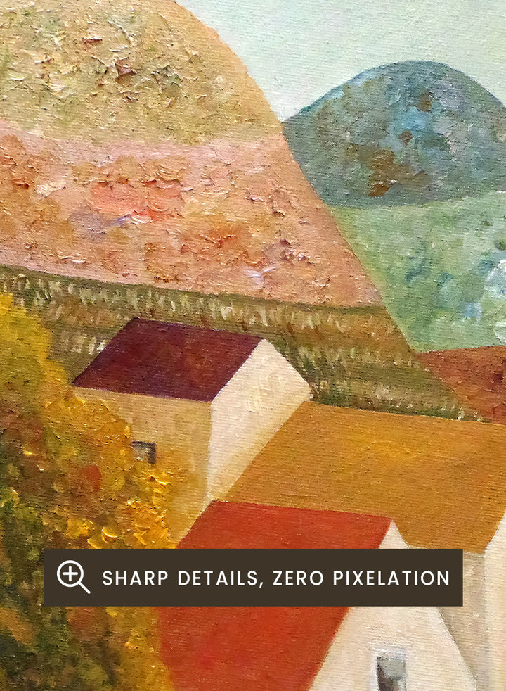 Shop Autumn Village River by Angeles M. Pomata, an autumn landscape art print featuring a blue river, white village houses, colorful trees, and rolling hills.