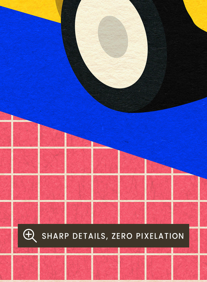 Yellow sports car on a red and blue geometric background with 'SPORTS CAR' text. Sports Car by Rosi Feist is a bold minimalist car art print featuring a bright yellow sports car and graphic typography. Officially licensed Bauhaus-inspired fine art poster with framing.