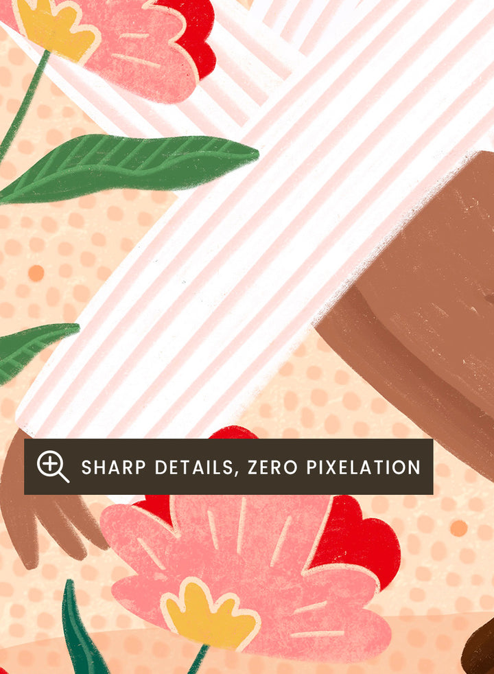 A framed art print featuring a stylized illustration of a woman in a white striped sweater surrounded by pink and red flowers on a peach background. Woman in Floral Garden by Bea Müller floral art print featuring a woman surrounded by oversized pink flowers, green leaves, and playful botanical details.