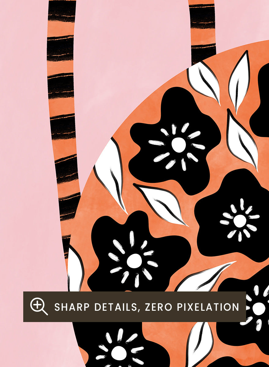 Shop Orange Floral Vase by Elena Ristova, a colorful floral wall art print poster featuring black flowers, striped handles, pink, orange, green, and folk-inspired details.