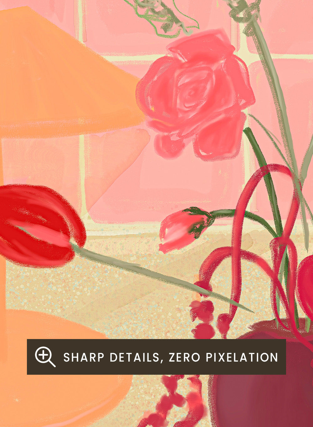Illustration of a table with a vase of flowers, two glasses, and an orange lamp against a pink tiled wall. Bubbly by Katharina Puritscher art print featuring pink tiled walls, floral still life, coupe glasses, and a cozy tabletop scene. Officially licensed wall poster.
