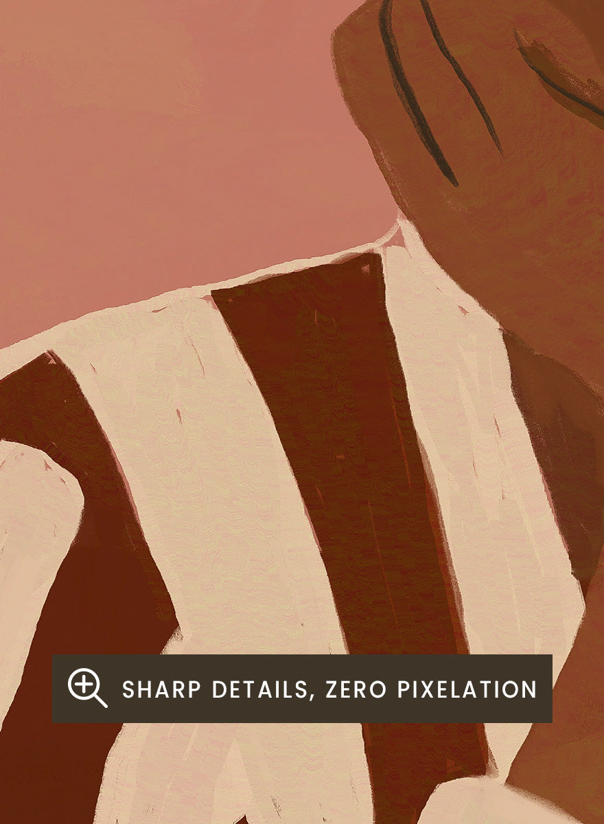 A stylized art print depicting a seated figure in a wide-brimmed black hat and a brown-and-white vertically striped shirt, set against a dusty pink sky with a large orange sun. Desert Dreamer by The Art Concept art print featuring a relaxed figure in a wide black hat, striped shirt, dusty pink sky, and warm desert-inspired tones.