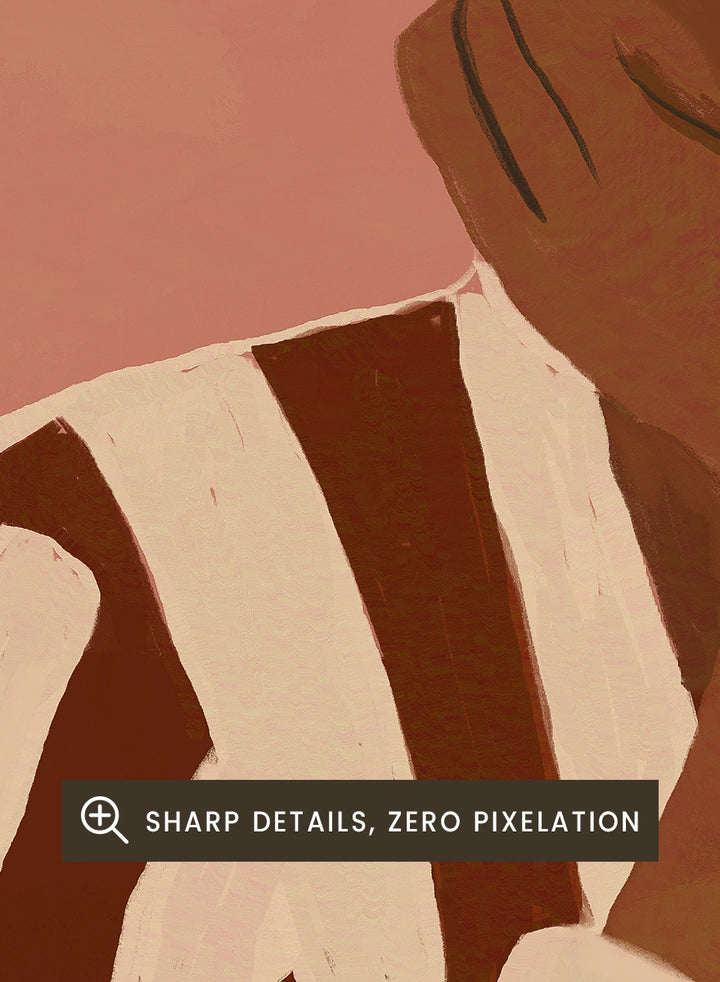 A stylized art print depicting a seated figure in a wide-brimmed black hat and a brown-and-white vertically striped shirt, set against a dusty pink sky with a large orange sun. Desert Dreamer by The Art Concept art print featuring a relaxed figure in a wide black hat, striped shirt, dusty pink sky, and warm desert-inspired tones.
